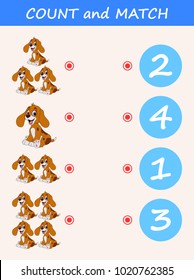 Count and match dog cartoon. Math educational game for children