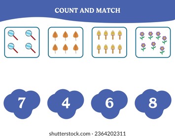 Cuenta y coincide. Juego educativo de matemáticas para niños. Diseño de hoja de cálculo imprimible para niños de preescolar o elemental.