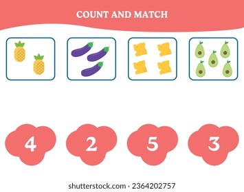 Count and match. Educational math game for kids. Printable worksheet design for preschool or elementary kids.