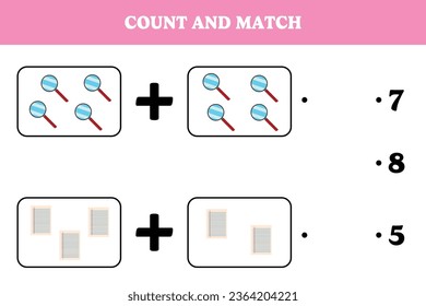 Count and match. Educational math game for kids. Printable worksheet design for preschool or elementary kids. Addition page.