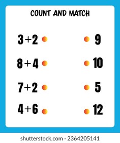 Count and match. Educational math game for kids. Printable worksheet design for preschool or elementary kids. Addition page.