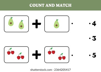 Count and match. Educational math game for kids. Printable worksheet design for preschool or elementary kids. Addition page.