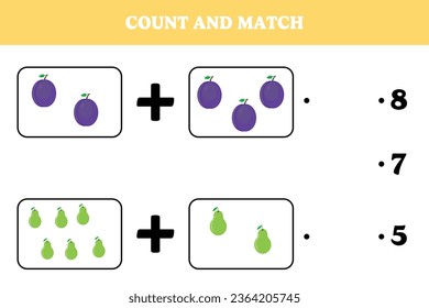 Count and match. Educational math game for kids. Printable worksheet design for preschool or elementary kids. Addition page.