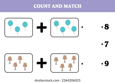 Count and match. Educational math game for kids. Printable worksheet design for preschool or elementary kids. Addition page.