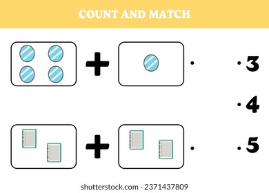 Cuenta y coincide. Juego educativo de matemáticas para niños. Diseño de hoja de cálculo imprimible para niños de preescolar o elemental.