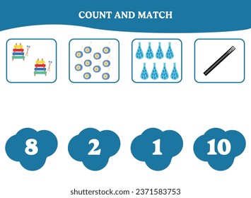 Count and match. Educational math game for kids. Printable worksheet design for preschool or elementary kids.