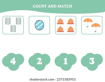 Count and match. Educational math game for kids. Printable worksheet design for preschool or elementary kids.