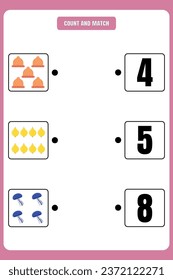 Count and match. Educational math game for kids. Printable worksheet design for kindergarten or elementary students.