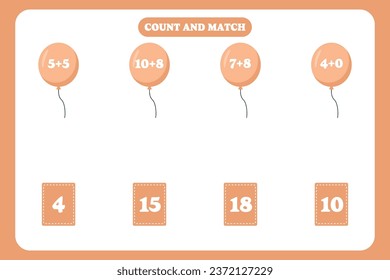 Cuenta y coincide. Juego matemático educativo para niños. Diseño de hoja de cálculo imprimible para estudiantes de preescolar o elemental. Aprender matemáticas.
