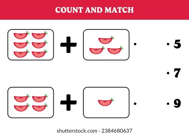 Count and match. Educational mathematical game for kids. Printable worksheet design for preschool or kindergarten children. Learning mathematic.