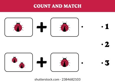 Count and match. Educational mathematical game for kids. Printable worksheet design for preschool or kindergarten children. Learning mathematic.