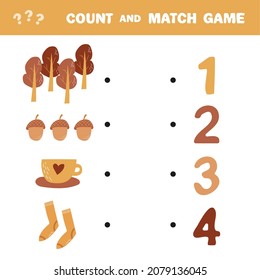 Count and match game. Count the amount autumn items and match with right numbers. Educational math game for kid. Learning to count. Matching worksheet
