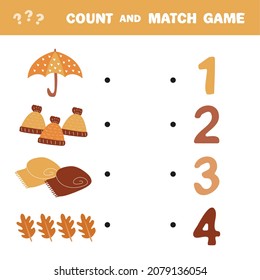 Count and match game. Count the amount autumn items and match with right numbers. Educational math game for kid. Learning to count. Matching worksheet