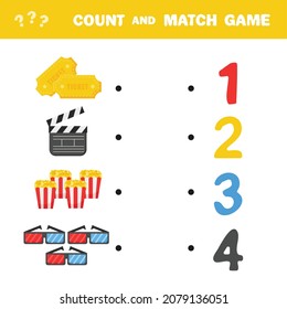 Count and match game. Count the amount of cinema items and match with right numbers. Educational math game for kids. Learning to count