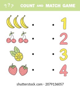 Count and match game. Count the amount of fruits and match with right numbers. Educational math game for kids. Learning to count. Matching worksheet