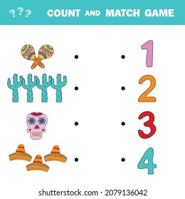 Count and match game. Count the amount of items of Mexican Day of Dead and match with right numbers. Educational math game for kids. Learning to count