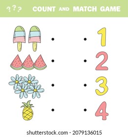 Count and match game. Count the amount of summer items and match with right numbers. Educational math game for kids. Learning to count.