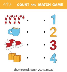 Count and match game. Count the amount of winter and Christmas items and match with right numbers. Educational math game for kids. Learning to count.
