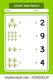 Count and match game with coconut tree. worksheet for preschool kids, kids activity sheet