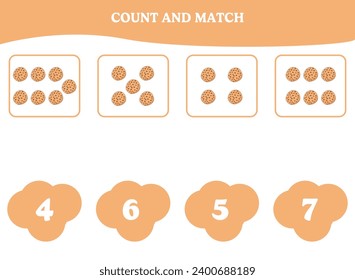 Count and match game with cookie. Educational worksheet design for preschool, kindergarten students. Learning mathematics. Brain teaser fun activity for kids.
