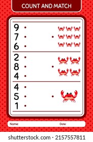 Count and match game with crab. worksheet for preschool kids, kids activity sheet