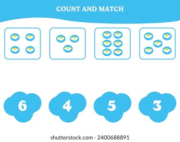 Count and match game with fried egg. Educational worksheet design for preschool, kindergarten students. Learning mathematics. Brain teaser fun activity for kids.