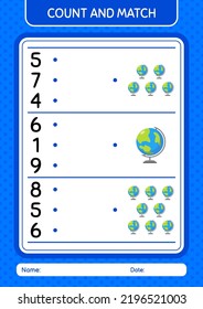 Count and match game with globe. worksheet for preschool kids, kids activity sheet
