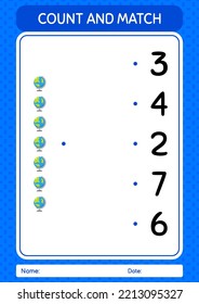 Count and match game with globe. worksheet for preschool kids, kids activity sheet