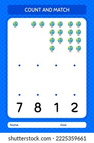 Count and match game with globe. worksheet for preschool kids, kids activity sheet