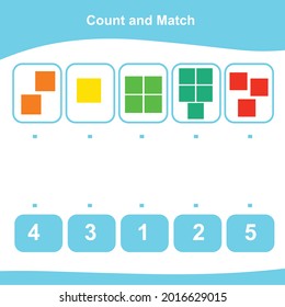 Contar y hacer juego para niños. Formas geométricas Juego. Hoja de cálculo matemática para preescolar. Hoja de cálculo de matemáticas imprimibles educacionales. Ilustración vectorial. 