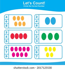 Count and Match Game for Kids. Geometric shapes Game. Math Worksheet for Preschool. Educational printable math worksheet. Vector illustration.