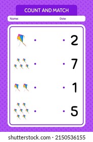 Count and match game with kite. worksheet for preschool kids, kids activity sheet