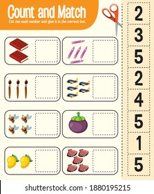 Count and match game, maths worksheet for children illustration