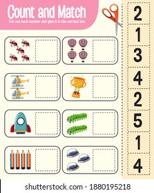 Count and match game, maths worksheet for children illustration