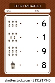 Count and match game with mosque. worksheet for preschool kids, kids activity sheet