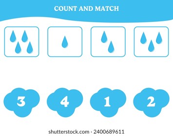 Count and match game with rain drop. Educational worksheet design for preschool, kindergarten students. Learning mathematics. Brain teaser fun activity for kids.