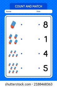 Count and match game with rubber eraser. worksheet for preschool kids, kids activity sheet