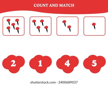Count and match game with thumbtack. Educational worksheet design for preschool, kindergarten students. Learning mathematics. Brain teaser fun activity for kids.