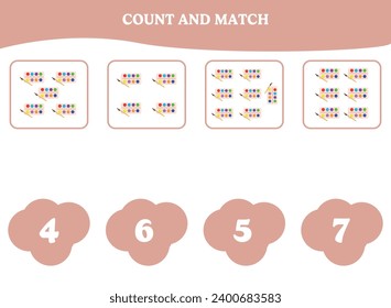 Count and match game with watercolor. Educational worksheet design for preschool, kindergarten students. Learning mathematics. Brain teaser fun activity for kids.