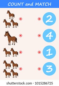 Count and match horse cartoon. Math educational game for children