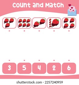 Count and match the images with the number worksheet for preschool kids. Educational printable math worksheet. Math game for children. Vector illustration. Valentine worksheet for kids. 