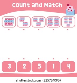 Contar y hacer coincidir las imágenes con la hoja de cálculo de número para niños en edad preescolar. Hoja de cálculo de matemáticas imprimibles educacionales. Juego de matemáticas para niños. Ilustración vectorial. Hoja de trabajo de San Valentín para niños. 