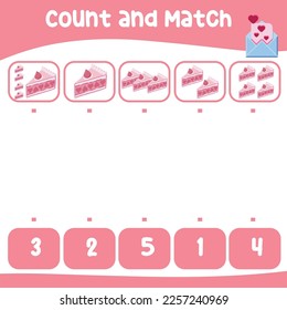 Count and match the images with the number worksheet for preschool kids. Educational printable math worksheet. Math game for children. Vector illustration. Valentine worksheet for kids. 