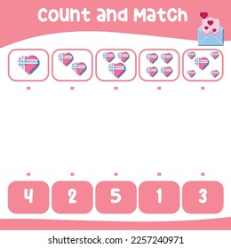 Count and match the images with the number worksheet for preschool kids. Educational printable math worksheet. Math game for children. Vector illustration. Valentine worksheet for kids. 