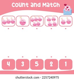 Contar y hacer coincidir las imágenes con la hoja de cálculo de número para niños en edad preescolar. Hoja de cálculo de matemáticas imprimibles educacionales. Juego de matemáticas para niños. Ilustración vectorial. Hoja de trabajo de San Valentín para niños. 