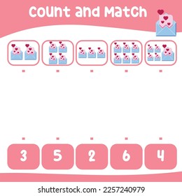 Count and match the images with the number worksheet for preschool kids. Educational printable math worksheet. Math game for children. Vector illustration. Valentine worksheet for kids. 
