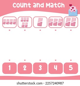 Contar y hacer coincidir las imágenes con la hoja de cálculo de número para niños en edad preescolar. Hoja de cálculo de matemáticas imprimibles educacionales. Juego de matemáticas para niños. Ilustración vectorial. Hoja de trabajo de San Valentín para niños. 