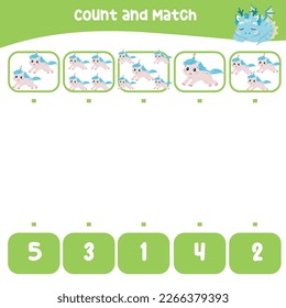 Count and match the images with the number worksheet for preschool kids. Educational printable math worksheet. Math game for children. Cute and kawaii baby dragon and unicorn edition. Vector file. 