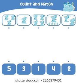 Count and match the images with the number worksheet for preschool kids. Educational printable math worksheet. Math game for children. Cute and kawaii baby dragon and unicorn edition. Vector file. 