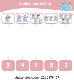 Count and match the images with the number worksheet for preschool kids. Educational printable math worksheet. Math game for children. Cute and kawaii baby dragon and unicorn edition. Vector file. 